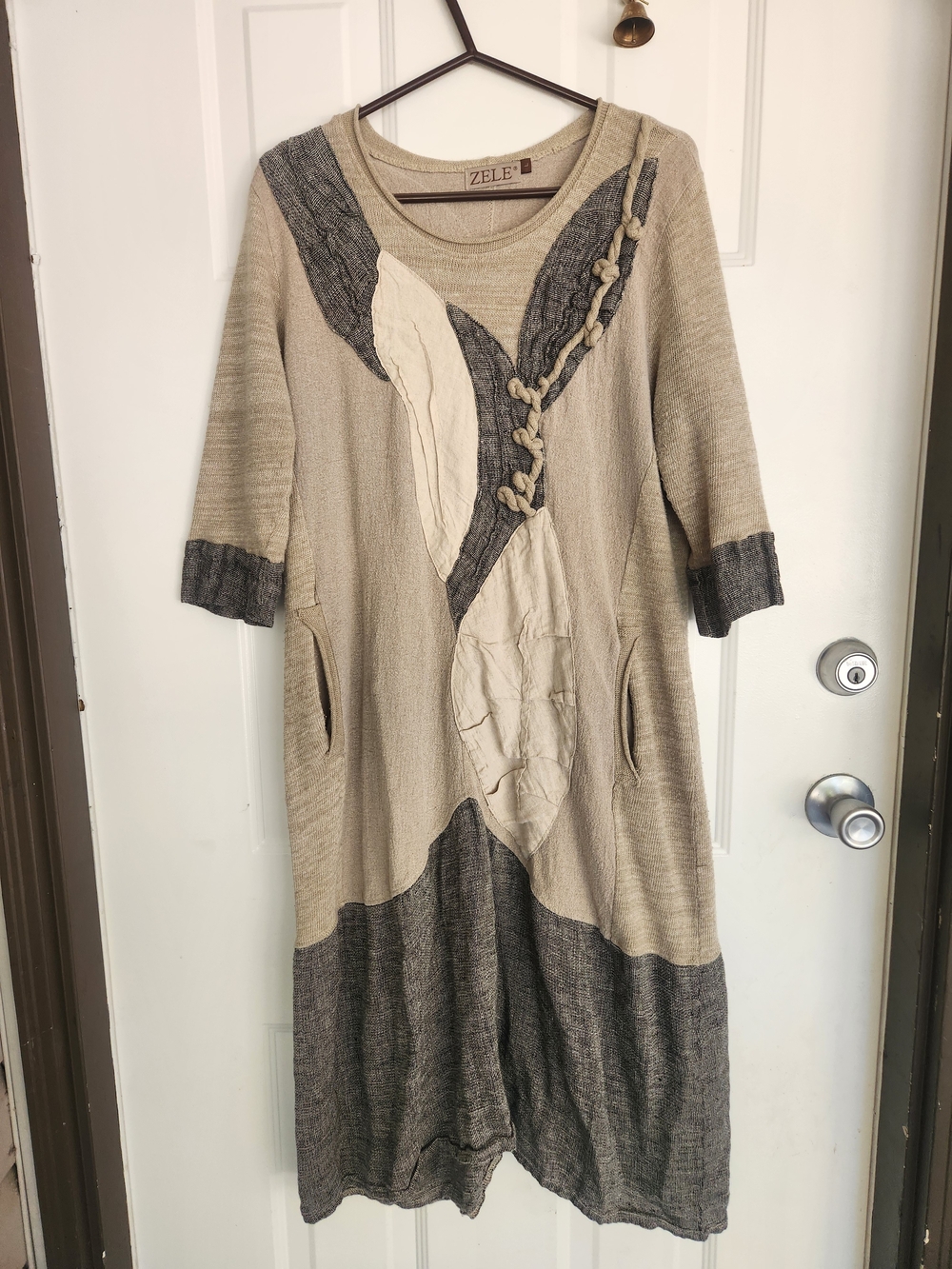 ZELE Earthy Patchwork 100% Linen  Midi Dress with Pockets